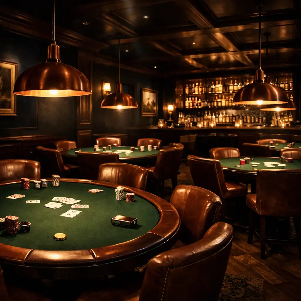 A RestaurantAndTable Card Room belső tere, meleg pendáns lámpákkal megvilágított pókerasztalokkal, sötétkék falakkal és elegáns bárpulttal