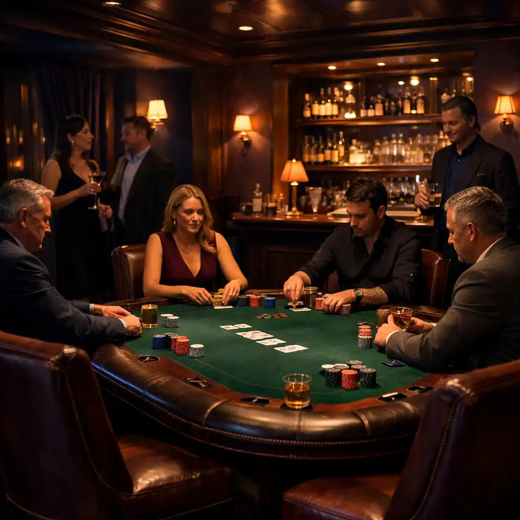 Exkluzív Card Room belseje több professzionális pokerasztallal, sötét fa burkolattal és diszkrét világítással