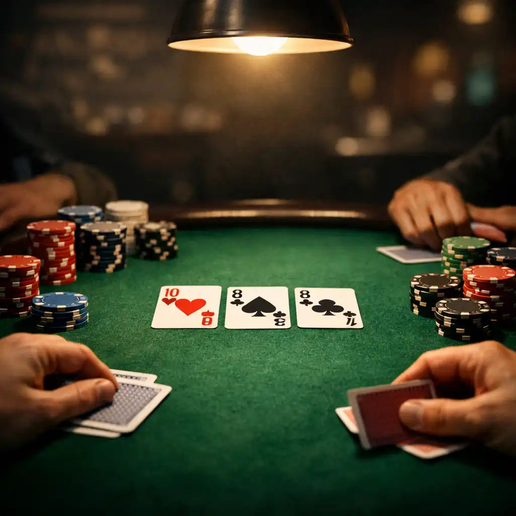 Texas Hold'em játék közben a Card Room asztalán, közösségi lapokkal és zsetonokkal, drámai megvilágításban