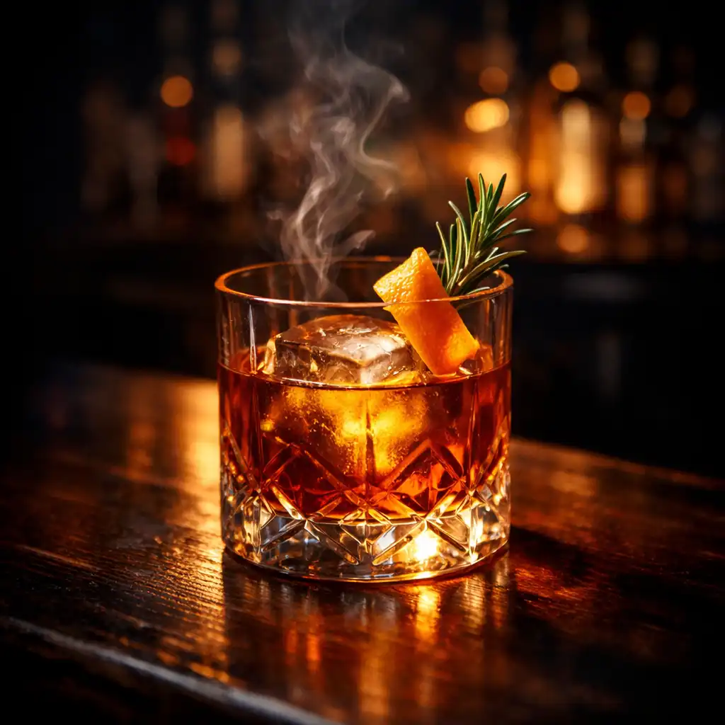 Andrássy Old Fashioned füstölt bourbonnal, narancs keserűvel és demerara cukorral