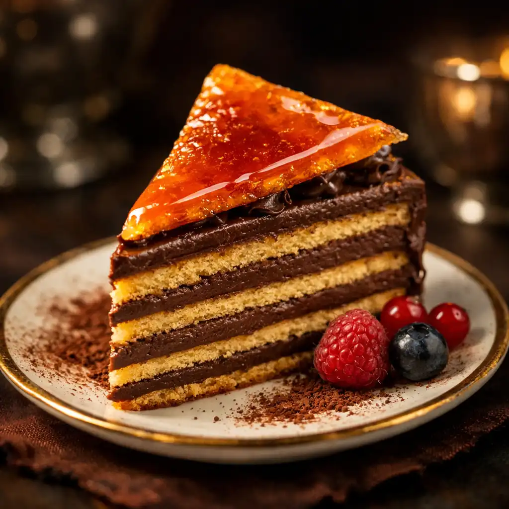 Dobos torta karamellizált cukorral és étcsokoládé krémmel