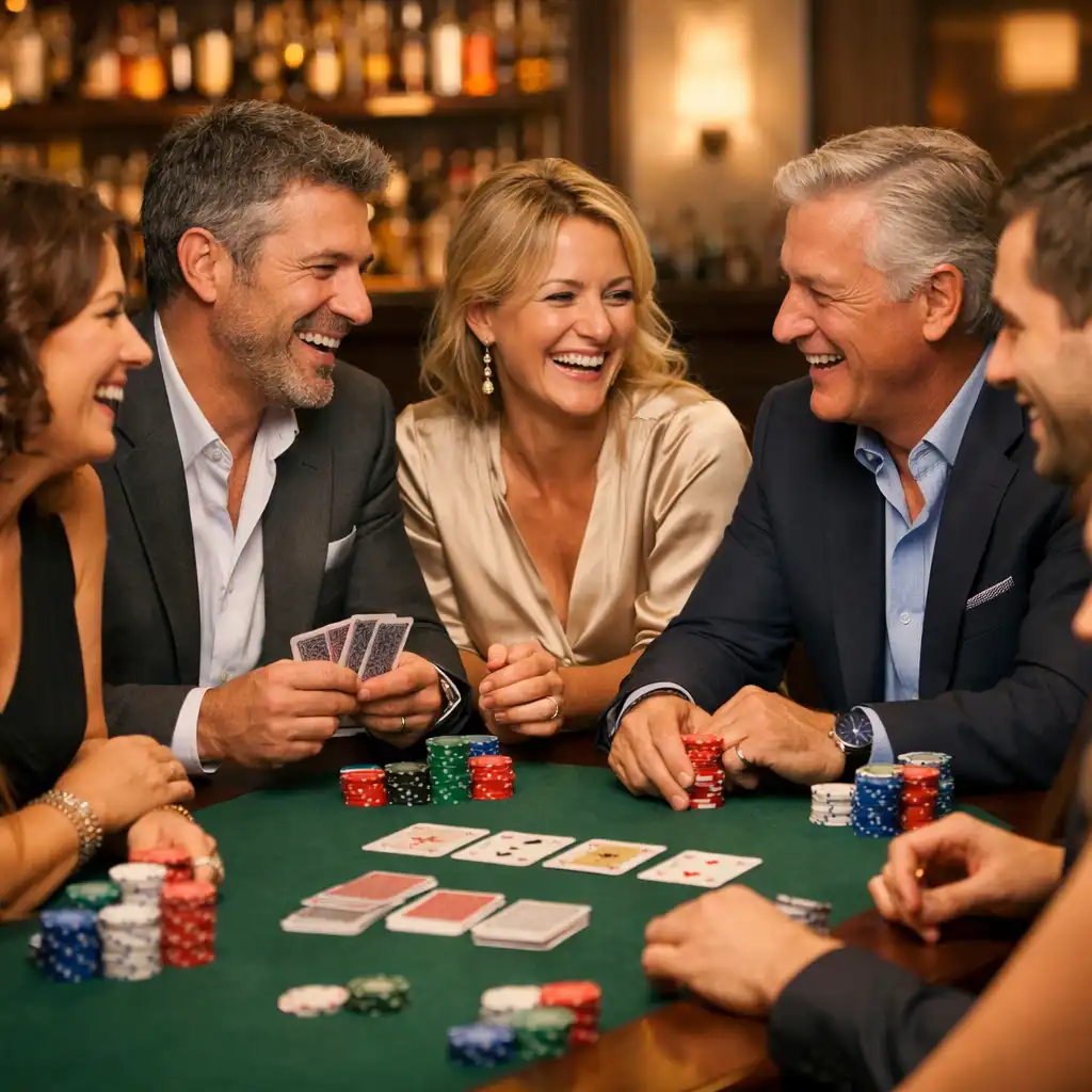 Elegánsan öltözött játékosok nevetnek és beszélgetnek egy pokerasztal körül