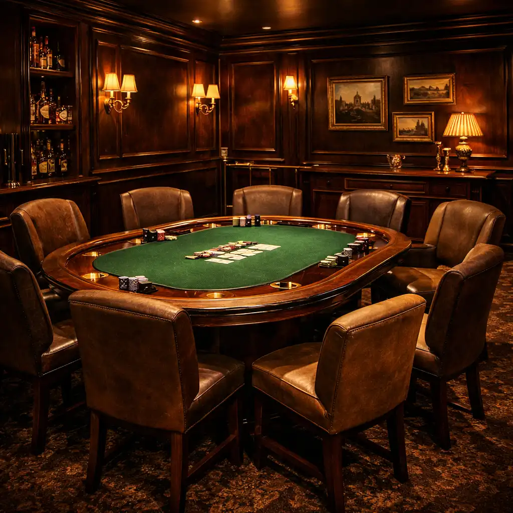 Prémium Card Room Budapesten, elegáns pokerasztallal és meleg, félhomályos világítással