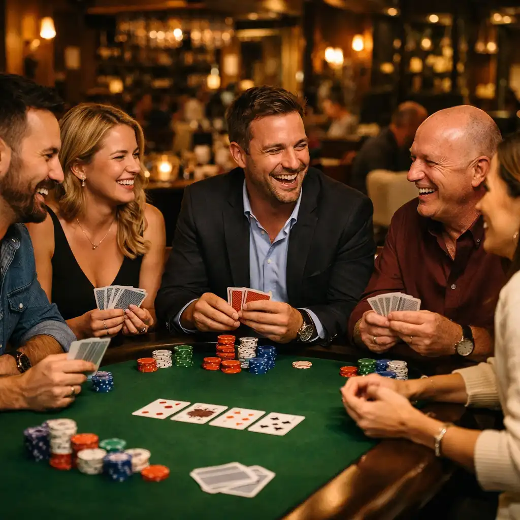Barátságos játékosok ülnek egy pokerasztalnál, és élénken beszélgetnek, miközben kártyáznak