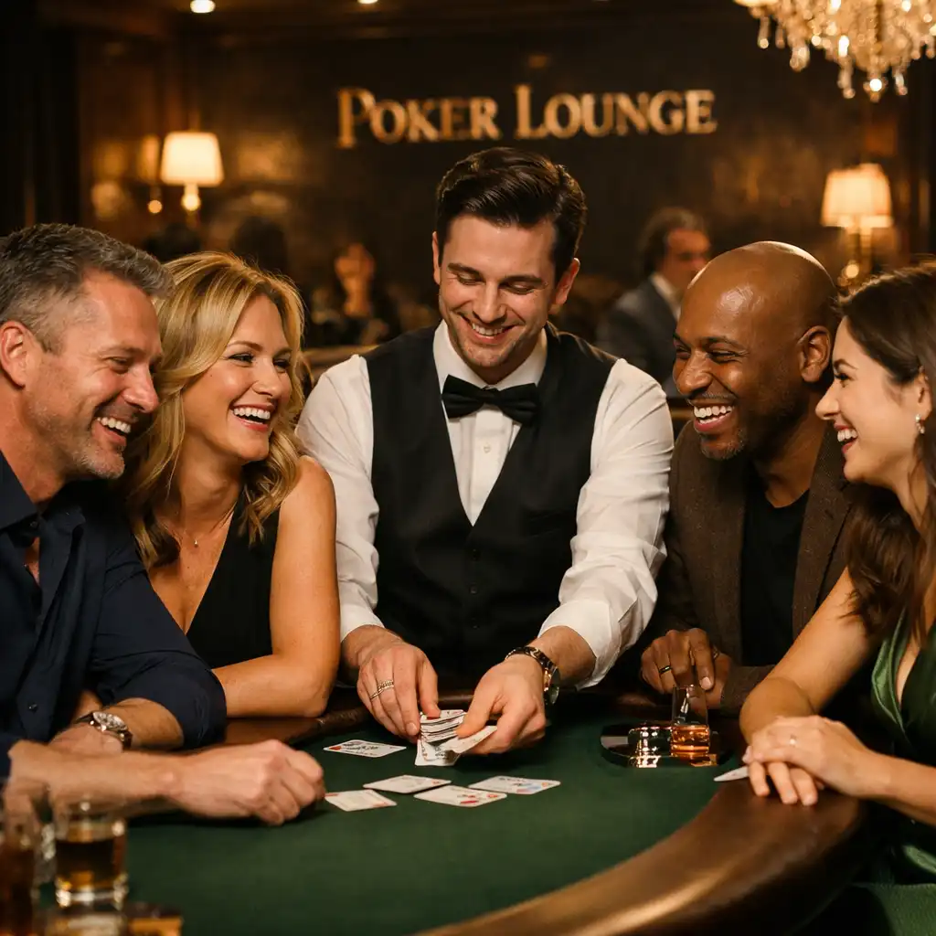 Vendégek mosolyogva játszanak pókert a Poker Lounge-ban, a hangsúly a társasági interakción és a közös élményen van