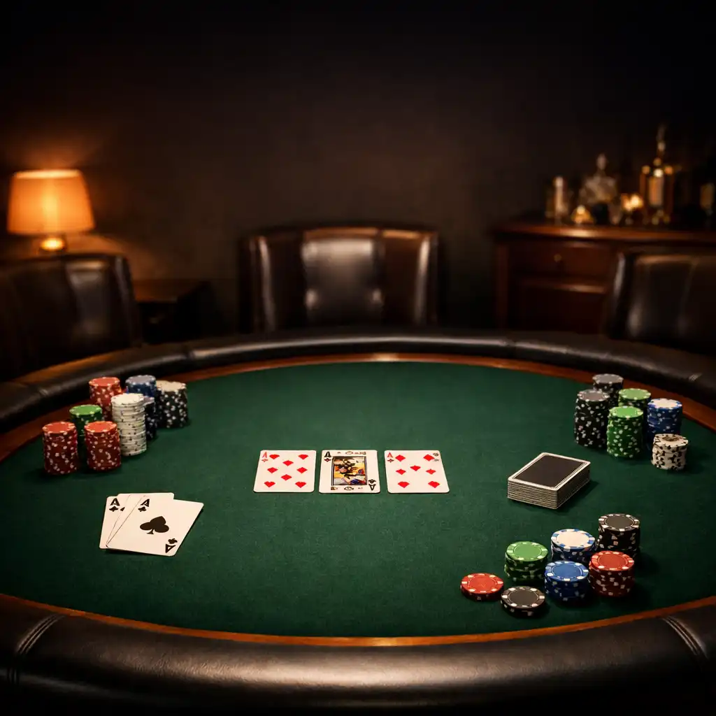 Prémium pokerasztal elegáns, félhomályos helyiségben, mélyzöld filc borítással és bőr székekkel