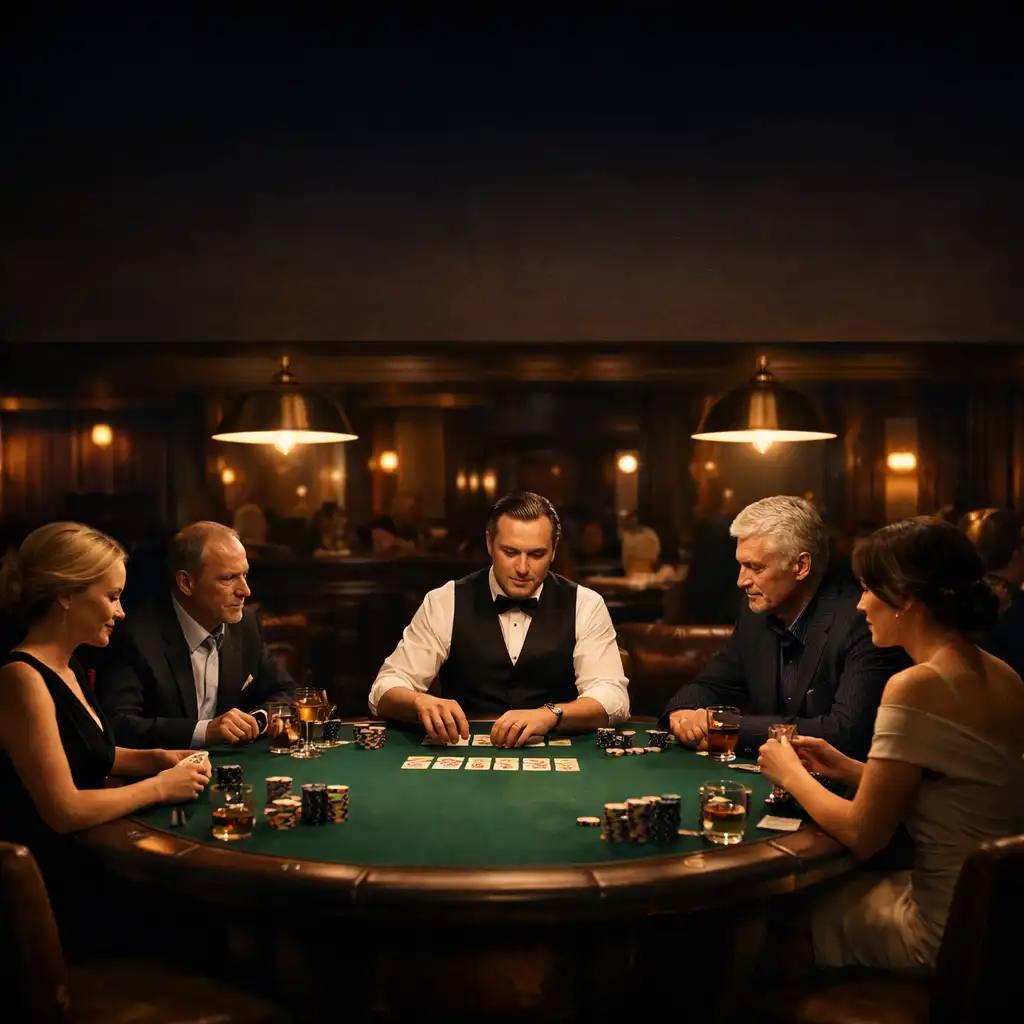 Texas Hold’em pókerasztal elegáns, félhomályos étteremben, játékosokkal és osztóval